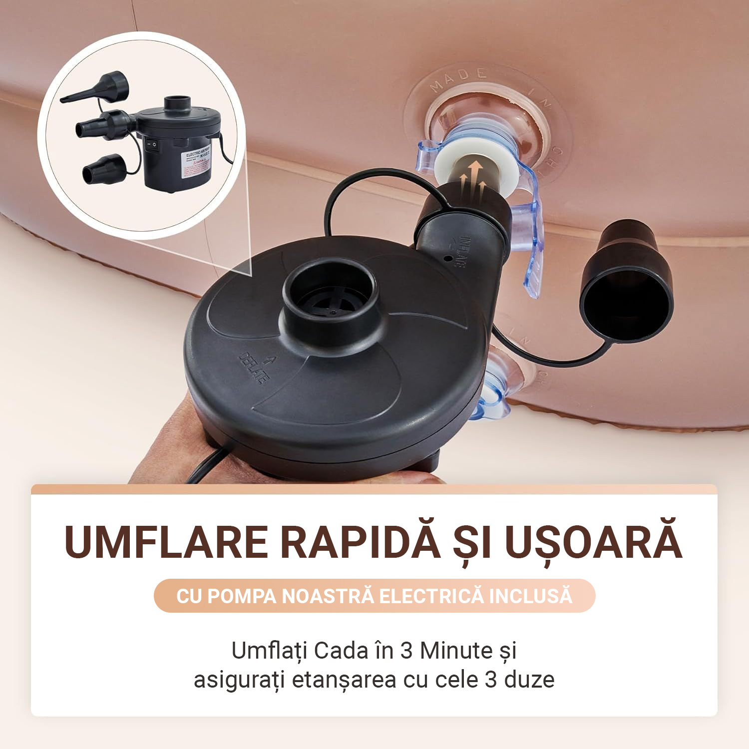 Cada gonflabilă Premium pliată pentru depozitare ușoară, evidențiind portabilitatea sa.