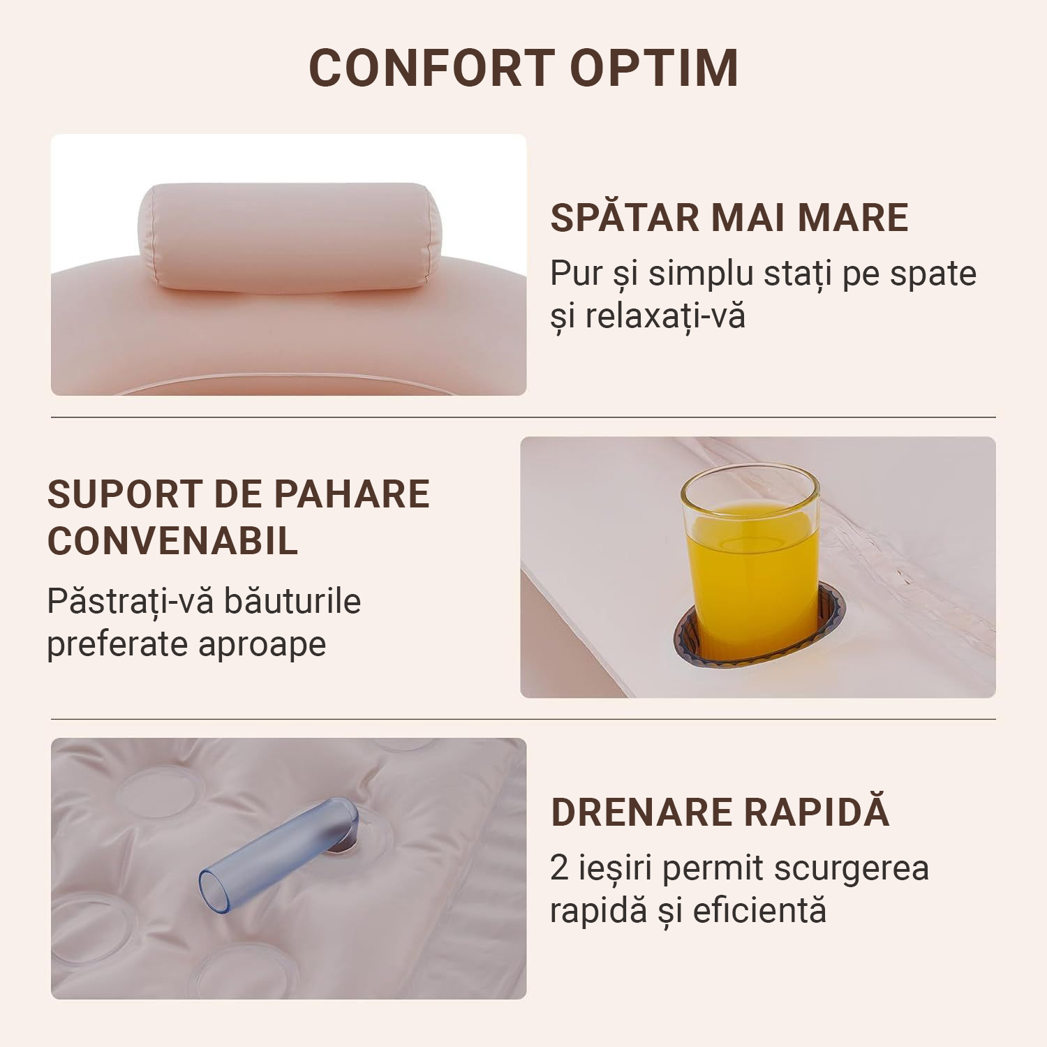 Imagine cu cada gonflabilă Premium cu suporturi integrate pentru băuturi și accesorii.