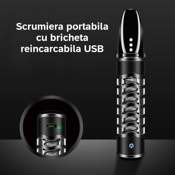 Scrumiera portabila cu bricheta reincarcabila USB, suport de tigara, prevenirea imprastierii scrumului, pentru calatorii, acasa, birou si masina, Negru - imagine 2