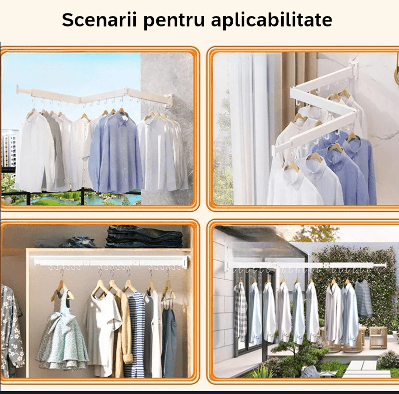 Suport pentru umerase, haine, pentru spatiu organziat, deosebit de rezistent, rotatie 360°, usor de montat, pliabil, 3 segmente, 124 cm, aluminiu, alb - imagine 6
