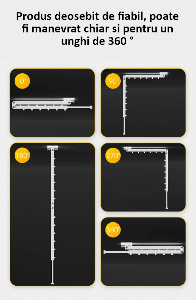 Suport pentru umerase, haine, pentru spatiu organziat, deosebit de rezistent, rotatie 360°, usor de montat, pliabil, 3 segmente, 124 cm, aluminiu, alb - imagine 5