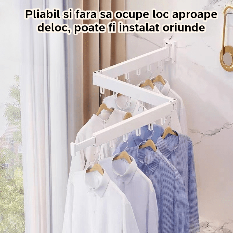 Suport pentru umerase, haine, pentru spatiu organziat, deosebit de rezistent, rotatie 360°, usor de montat, pliabil, 3 segmente, 124 cm, aluminiu, alb - imagine 3