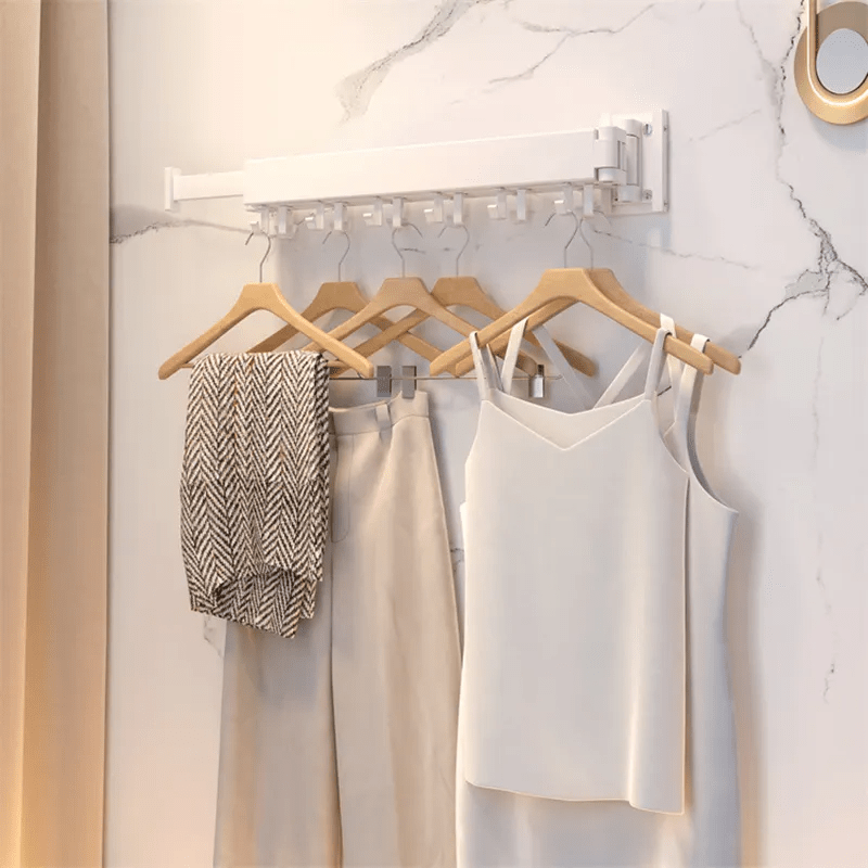 Suport pentru umerase, haine, pentru spatiu organziat, deosebit de rezistent, rotatie 360°, usor de montat, pliabil, 3 segmente, 124 cm, aluminiu, alb - imagine 7