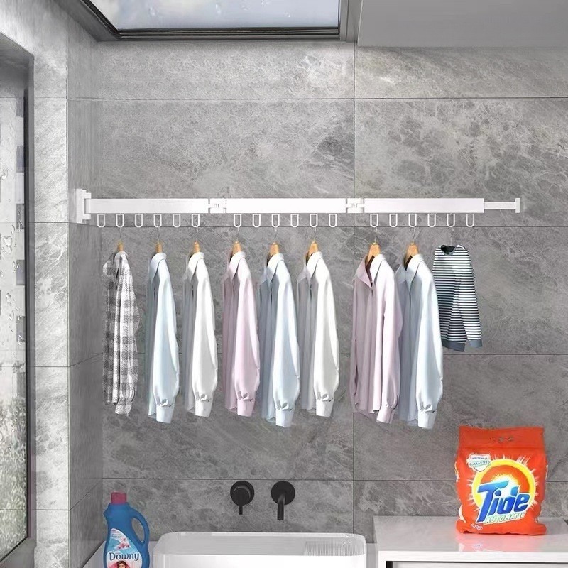 Suport pentru umerase, haine, pentru spatiu organziat, deosebit de rezistent, rotatie 360°, usor de montat, pliabil, 3 segmente, 124 cm, aluminiu, alb - imagine 8