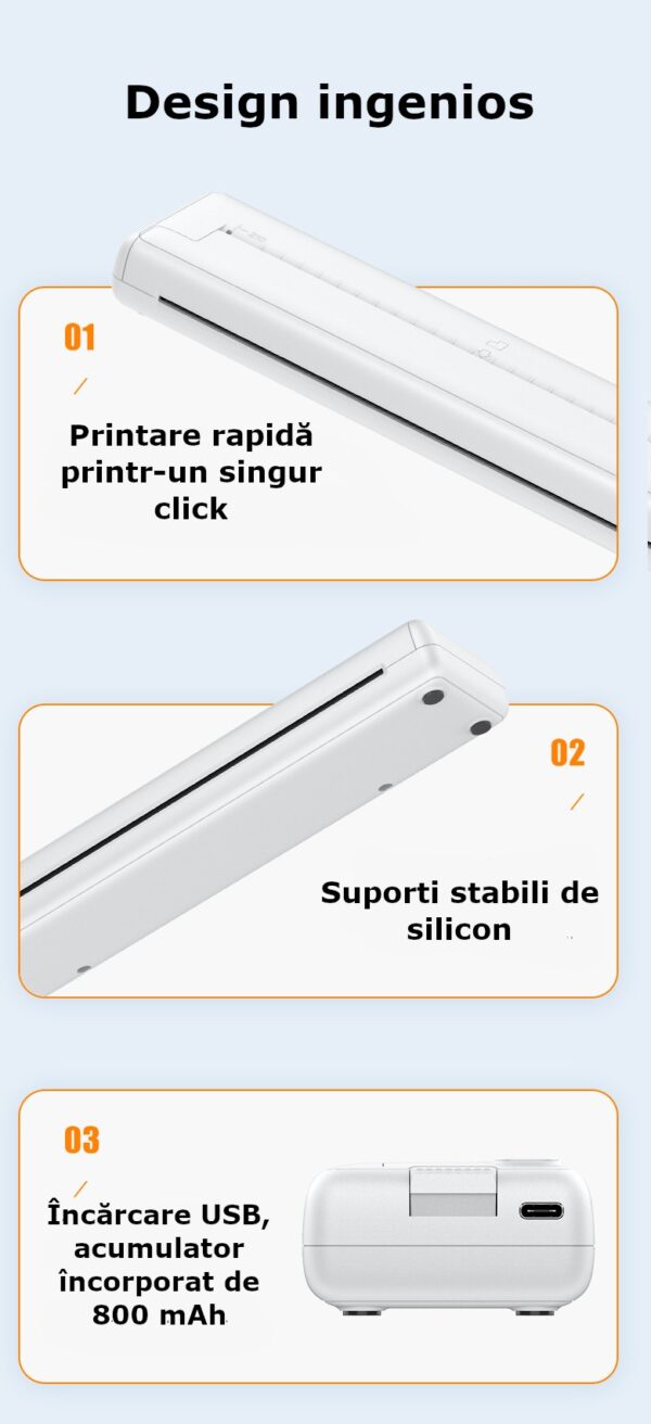Imprimanta termica, model ultra portabil, de dimensiuni reduse, fara fir, nu necesita tus, A4, Bluetooth, aplicatie compatibila cu iOS / Android, acumulator 1000 mAh, 100 foi incluse, alb - imagine 4