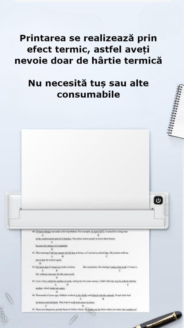 Imprimanta termica, model ultra portabil, de dimensiuni reduse, fara fir, nu necesita tus, A4, Bluetooth, aplicatie compatibila cu iOS / Android, acumulator 1000 mAh, 100 foi incluse, alb - imagine 2