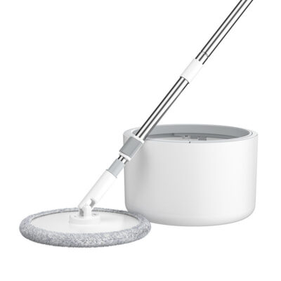 Set mop rotativ 360 grade cu galeata si storcator, separare apa curata si murdara, cap rotund microfibra, coada telescopica, alb