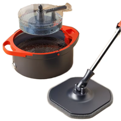 Set mop cu galeata, sistem separare apa curata si murdara, cap patrat microfibra, stoarcere automata, coada telescopica, gri inchis